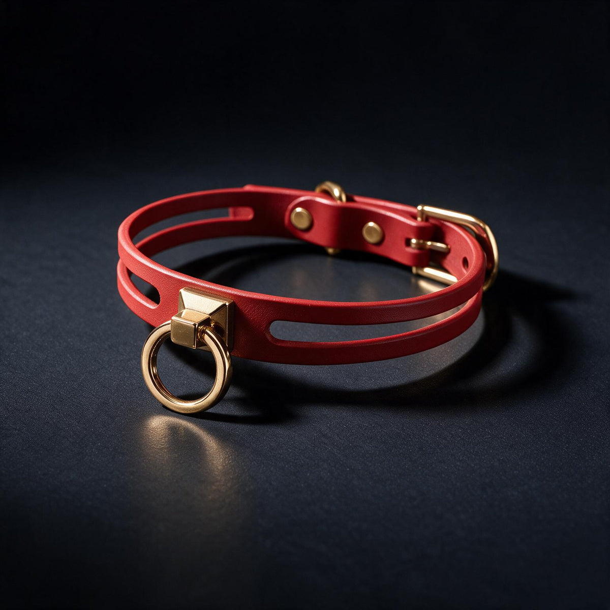 A red leather collar with a gold-colored buckle and ring is displayed against a dark background.