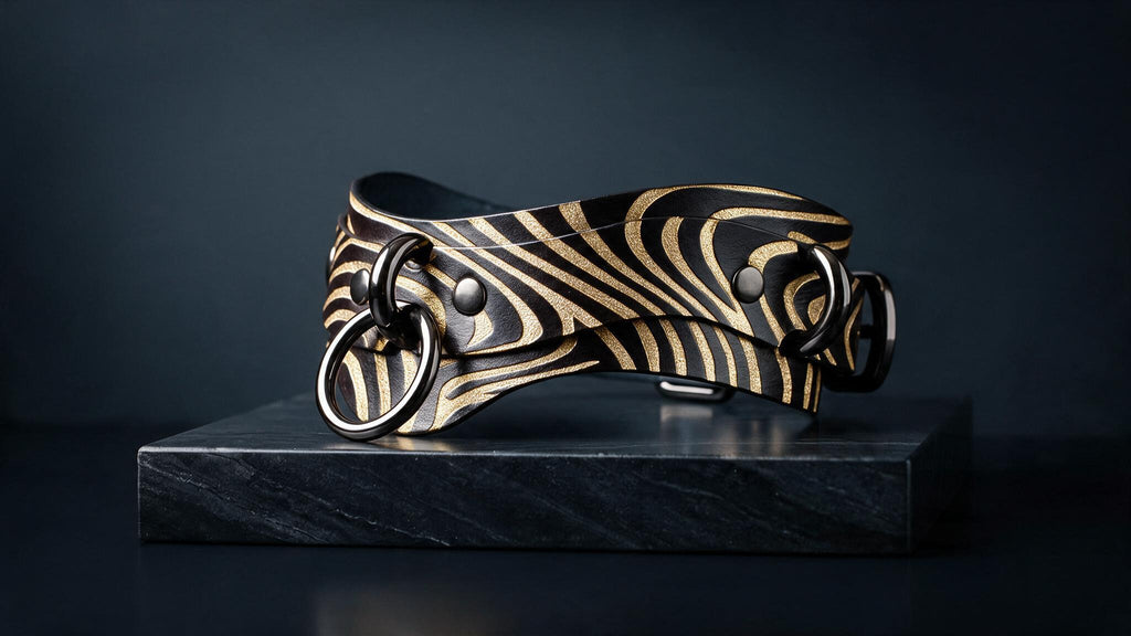 A zebra-striped leather collar with metal rings and buckles is displayed on a black marble pedestal against a dark background.