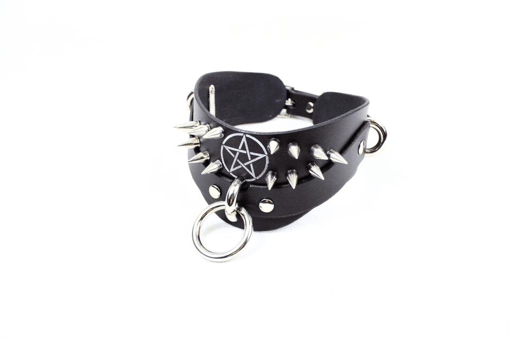 Pentagram BDSM Collar featuring sharp silver spikes and O-ring, made from premium black leather.