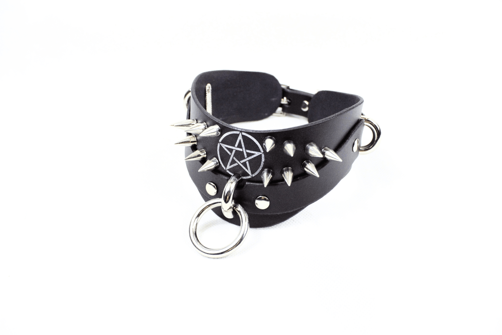 Pentagram BDSM Collar featuring sharp silver spikes and O-ring, made from premium black leather.