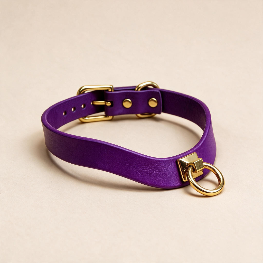 A purple leather choker necklace with a gold-colored metal ring and buckle.