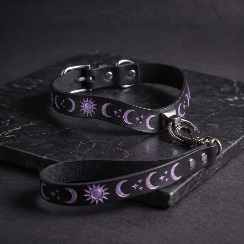 A black leather collar with purple celestial motifs, including sun and moon symbols, is displayed on a dark surface.