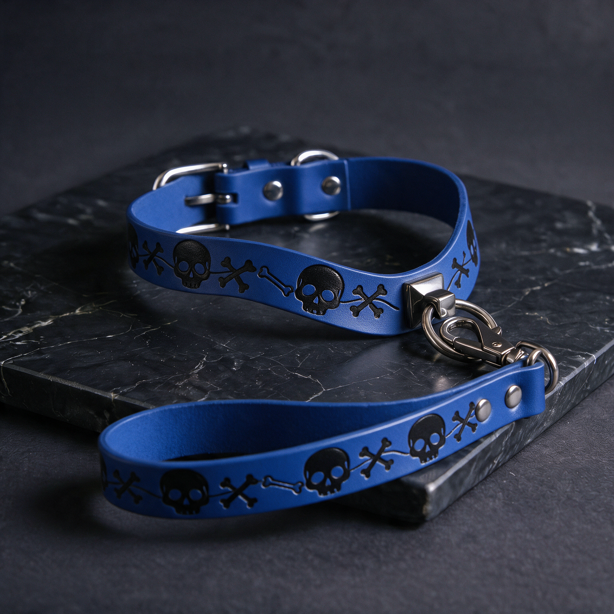 A blue dog collar with skull and crossbones designs, and a matching leash, both resting on a dark surface.