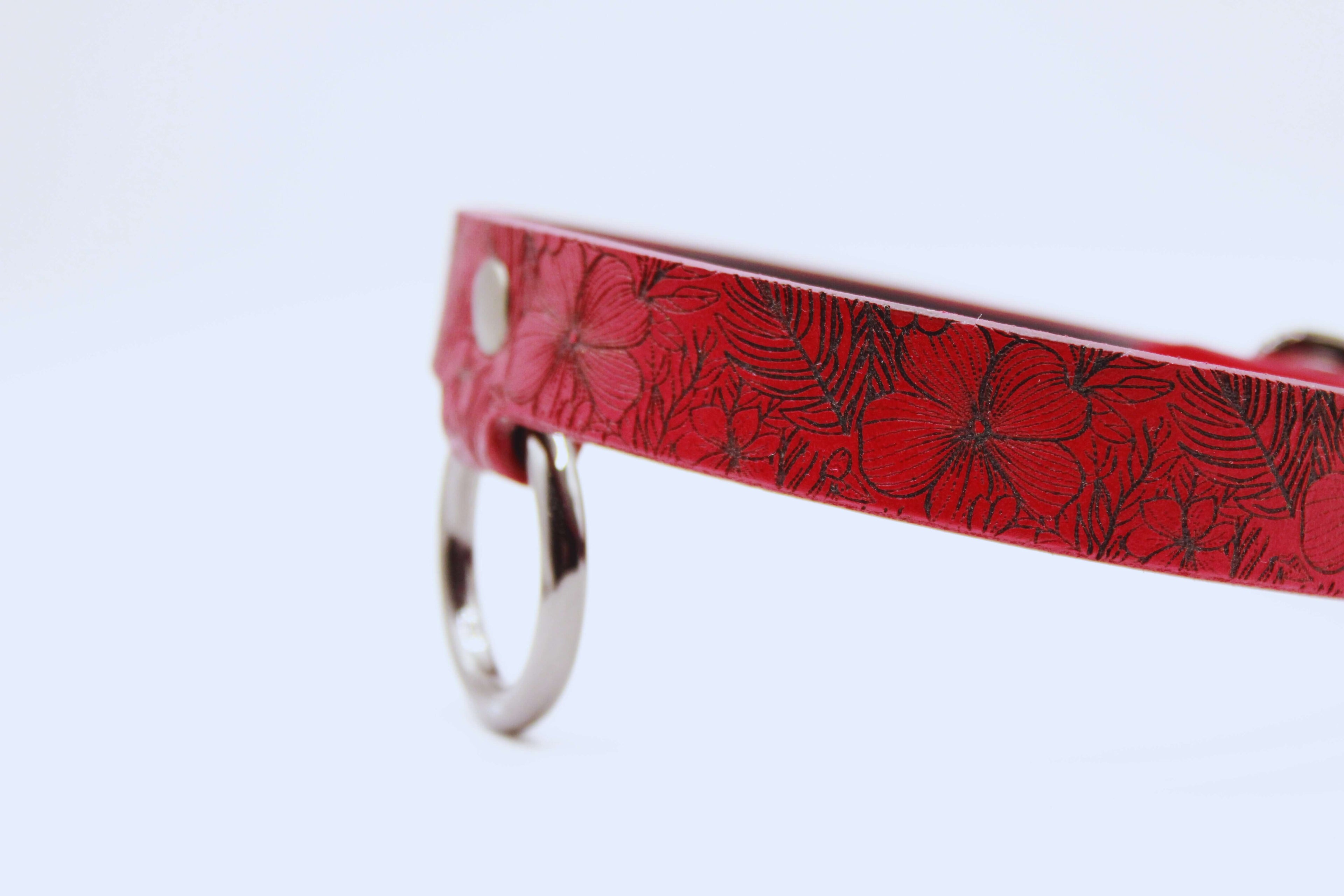 Close-up of a red floral leather choker collar with a silver ring, symbolizing elegance and intimacy.