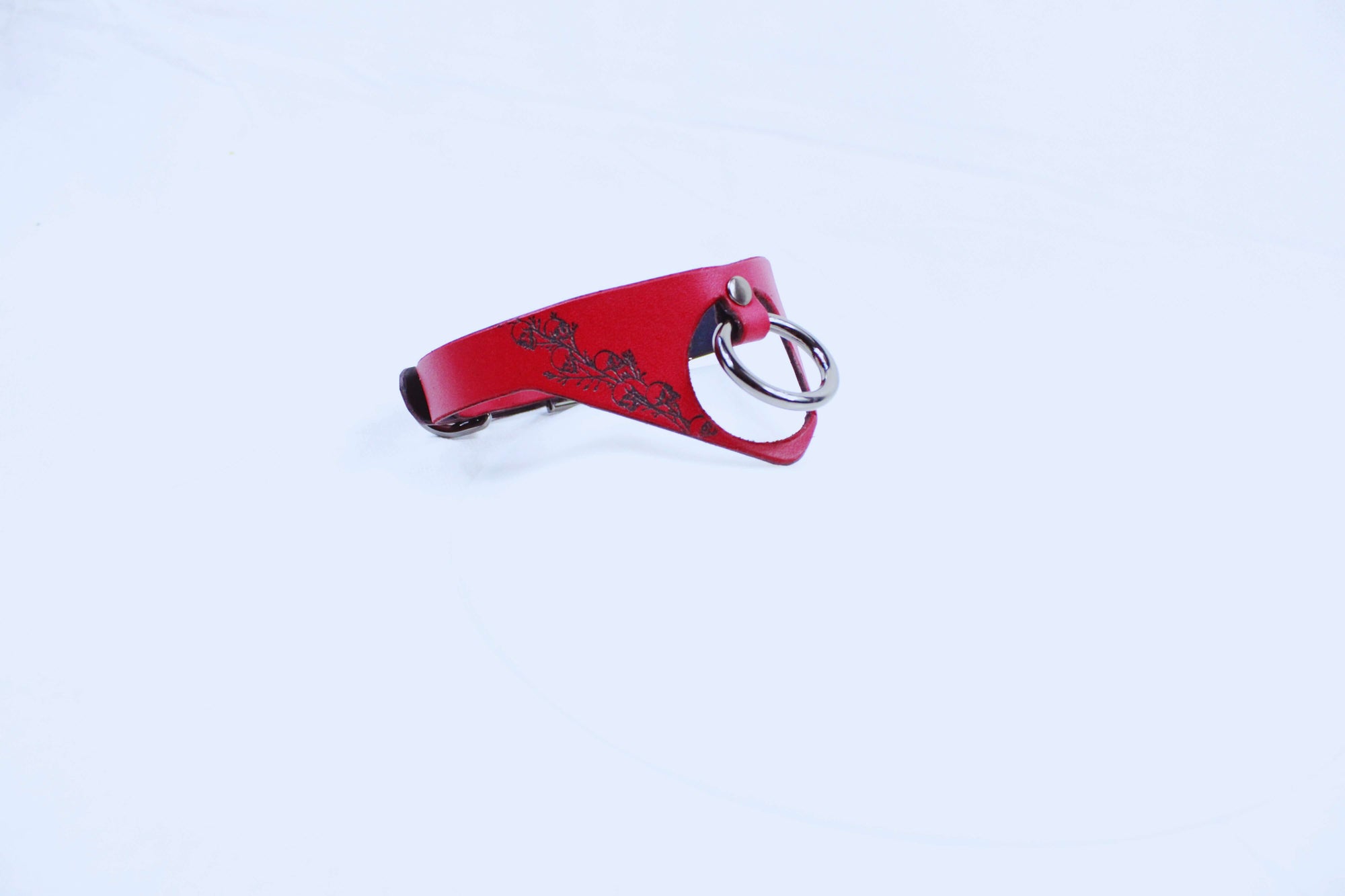 Gothic BDSM Collar with O-Ring made of red leather, showcasing gothic design and bold accessory features.