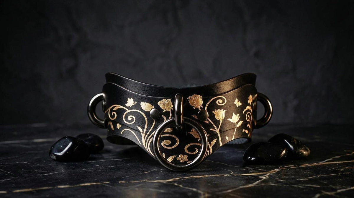 A black and gold decorative collar with floral patterns and a circular clasp, placed on a dark surface with black stones or crystals around it.