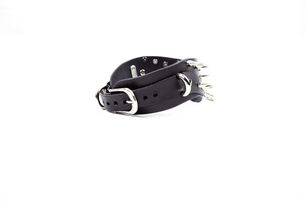Black Spiked BDSM Collar with silver spikes and hardware, crafted from premium black leather for gothic style.