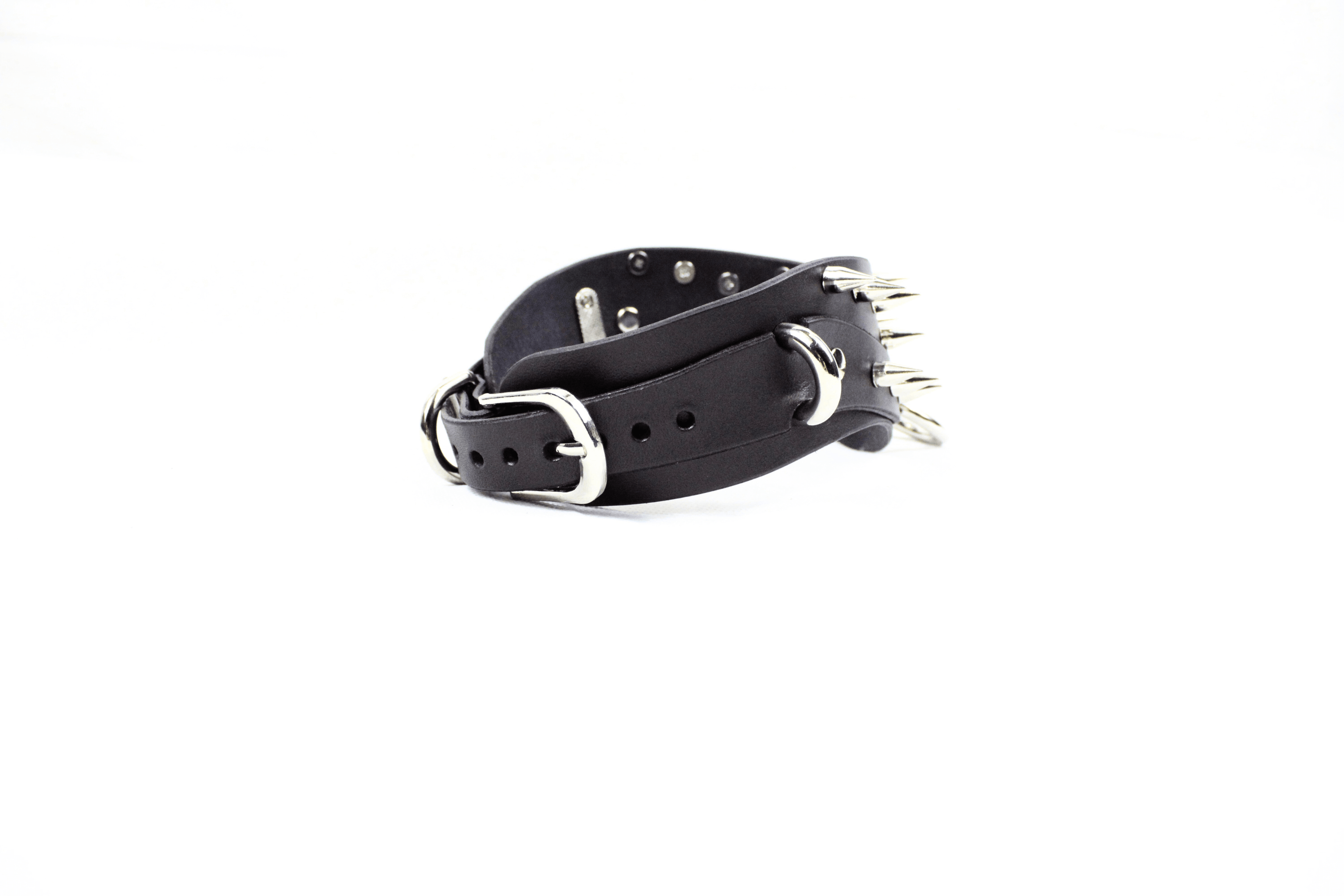 Black Spiked BDSM Collar with silver spikes and hardware, crafted from premium black leather for gothic style.