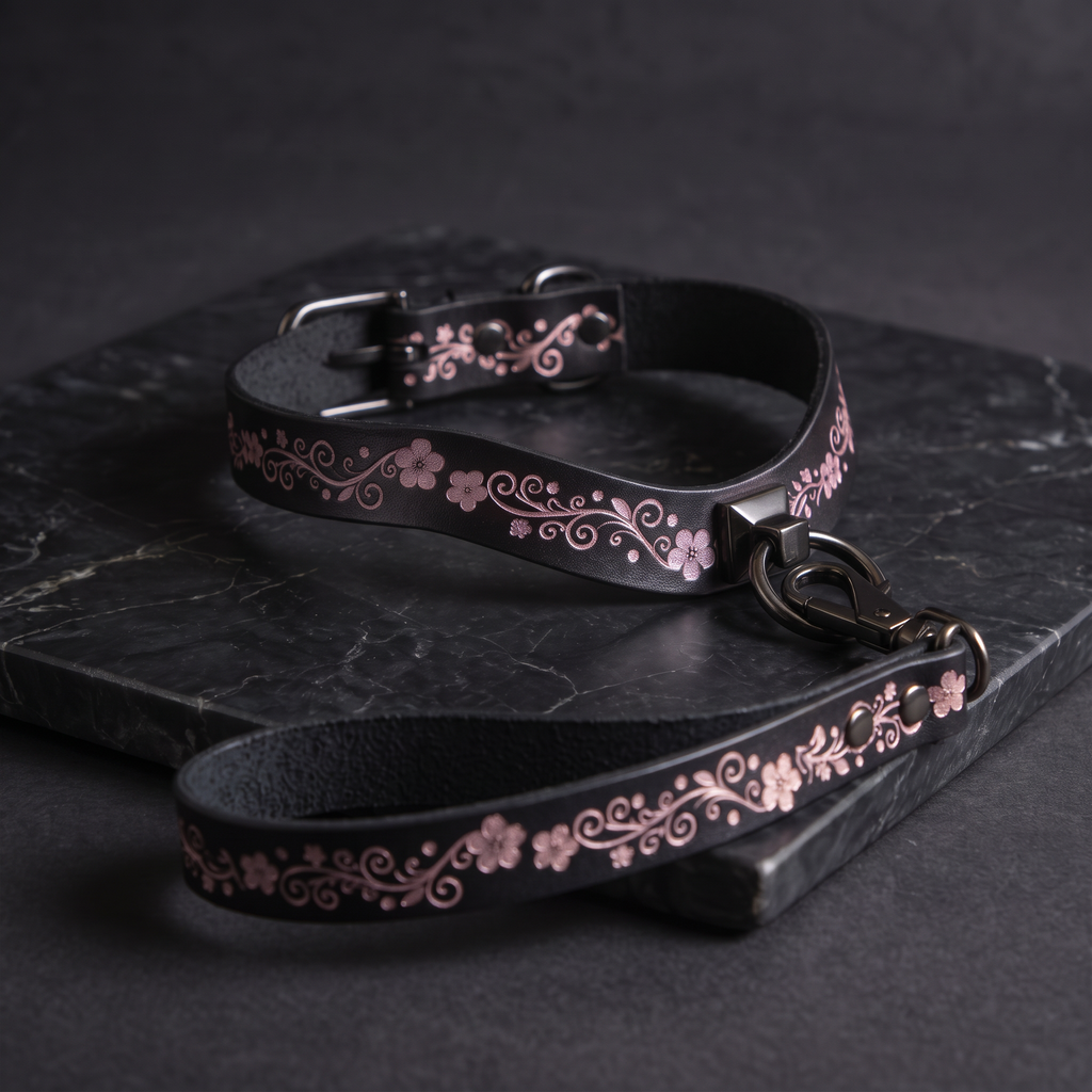 A black leather collar with a floral pattern and a matching leash are displayed on a dark surface.