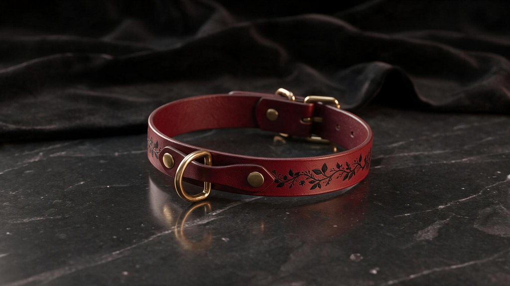A burgundy leather collar with a leaf design sits on a dark surface, such as a marble table.