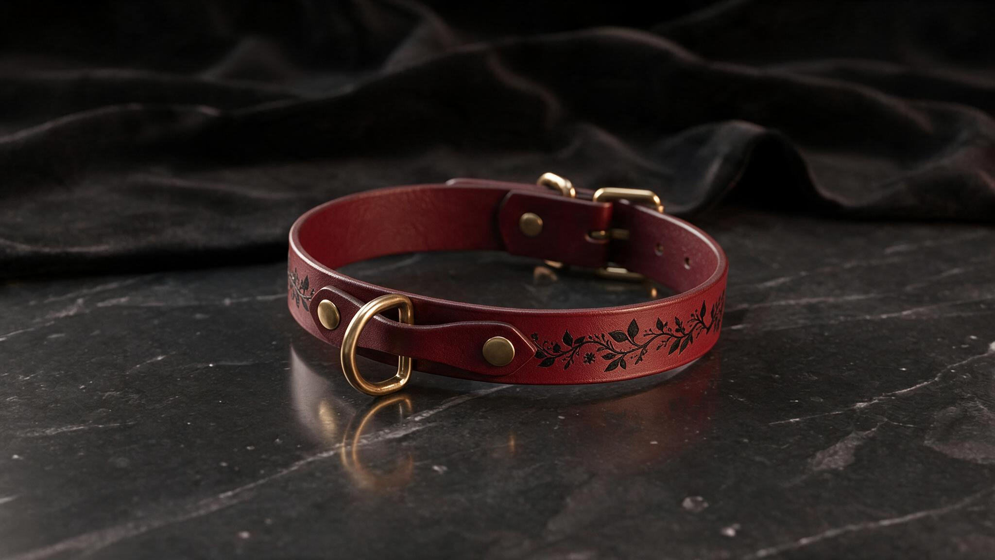 A burgundy leather collar with a leaf design sits on a dark surface, such as a marble table.