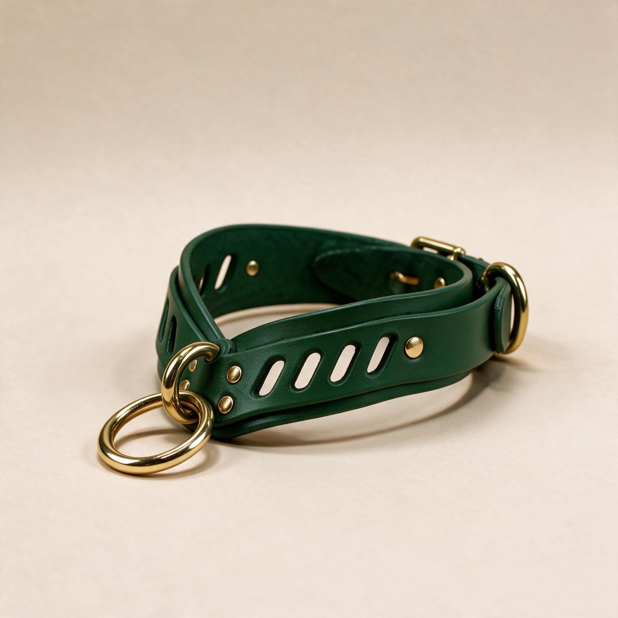 A green leather choker necklace with gold-colored metal rings and buckles.