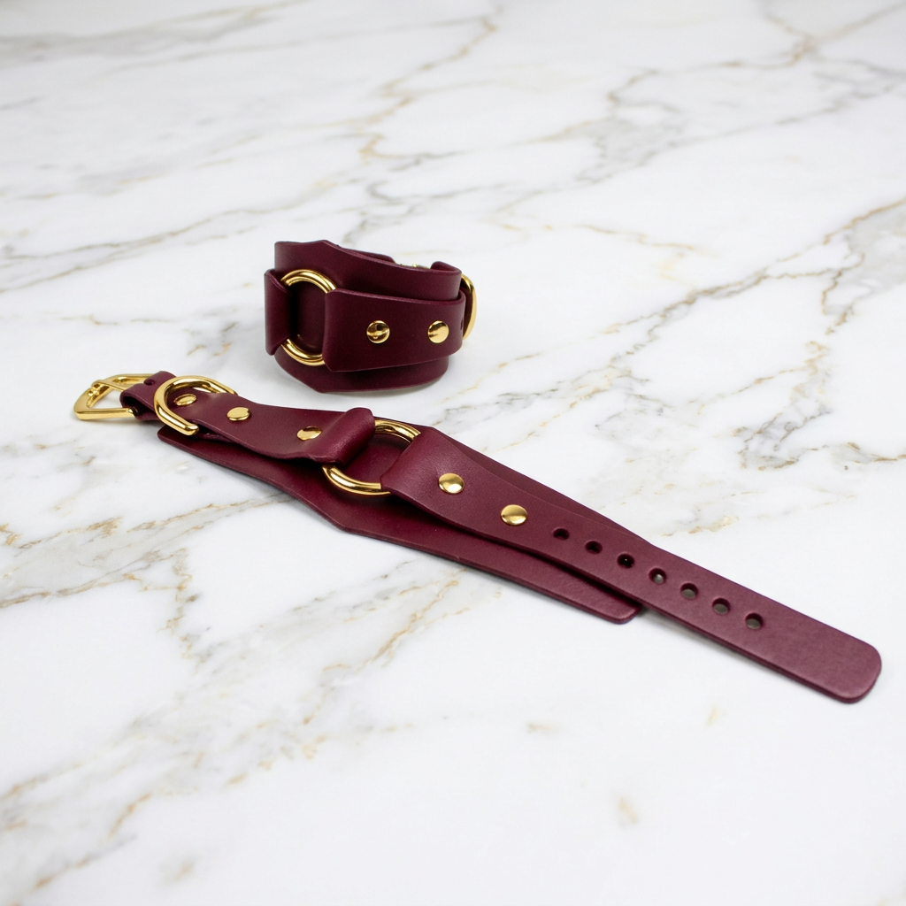 A burgundy leather strap with gold-colored buckles and holes is placed on a marble surface.