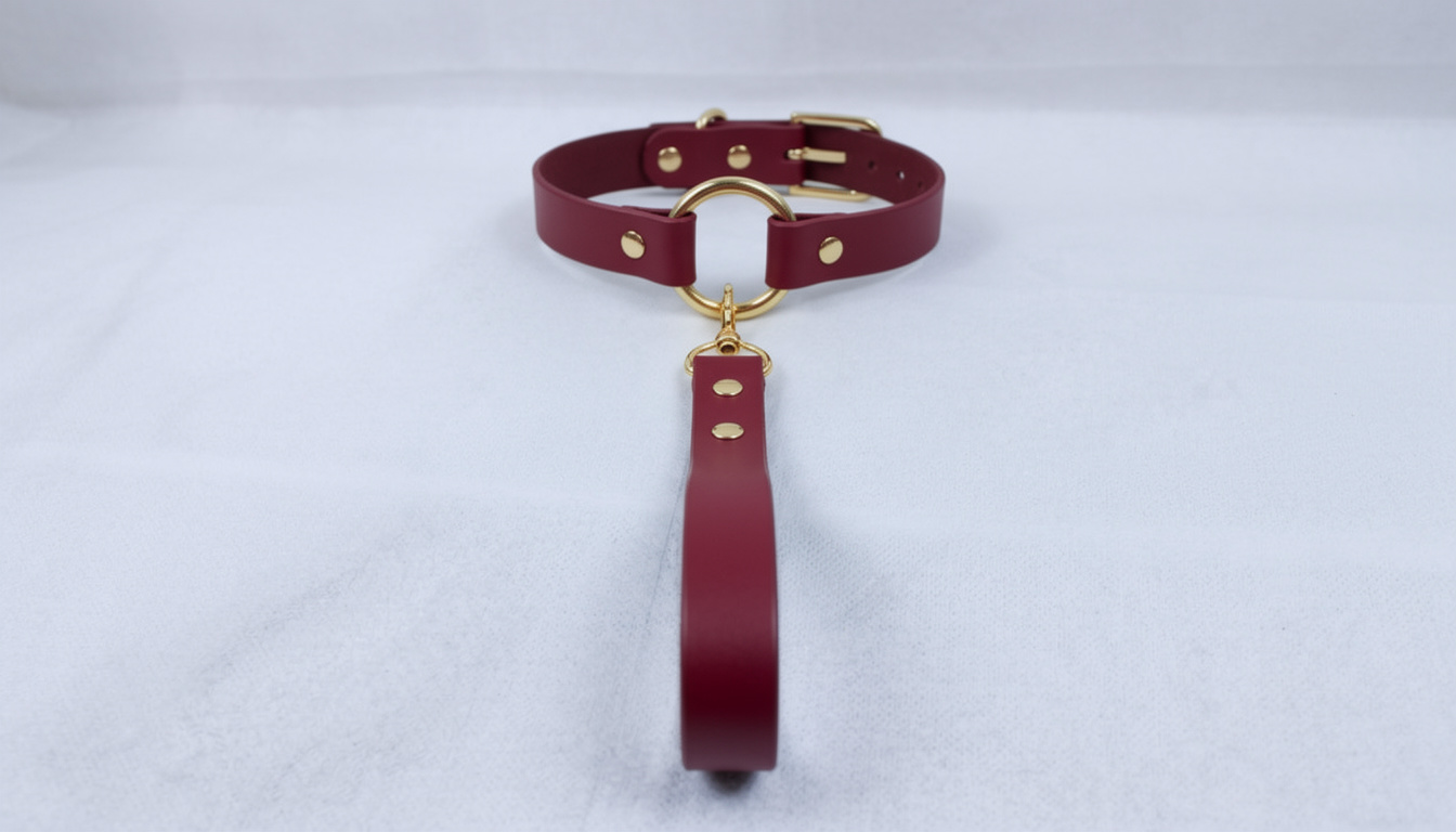 A burgundy leather collar with a gold-colored buckle and a red-colored handle attached to it, resting on a white surface.