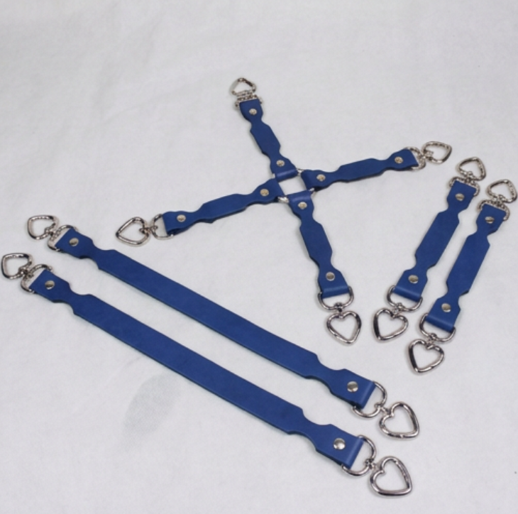 A collection of blue leather straps with metal heart-shaped buckles, arranged in various orientations on a white background.
