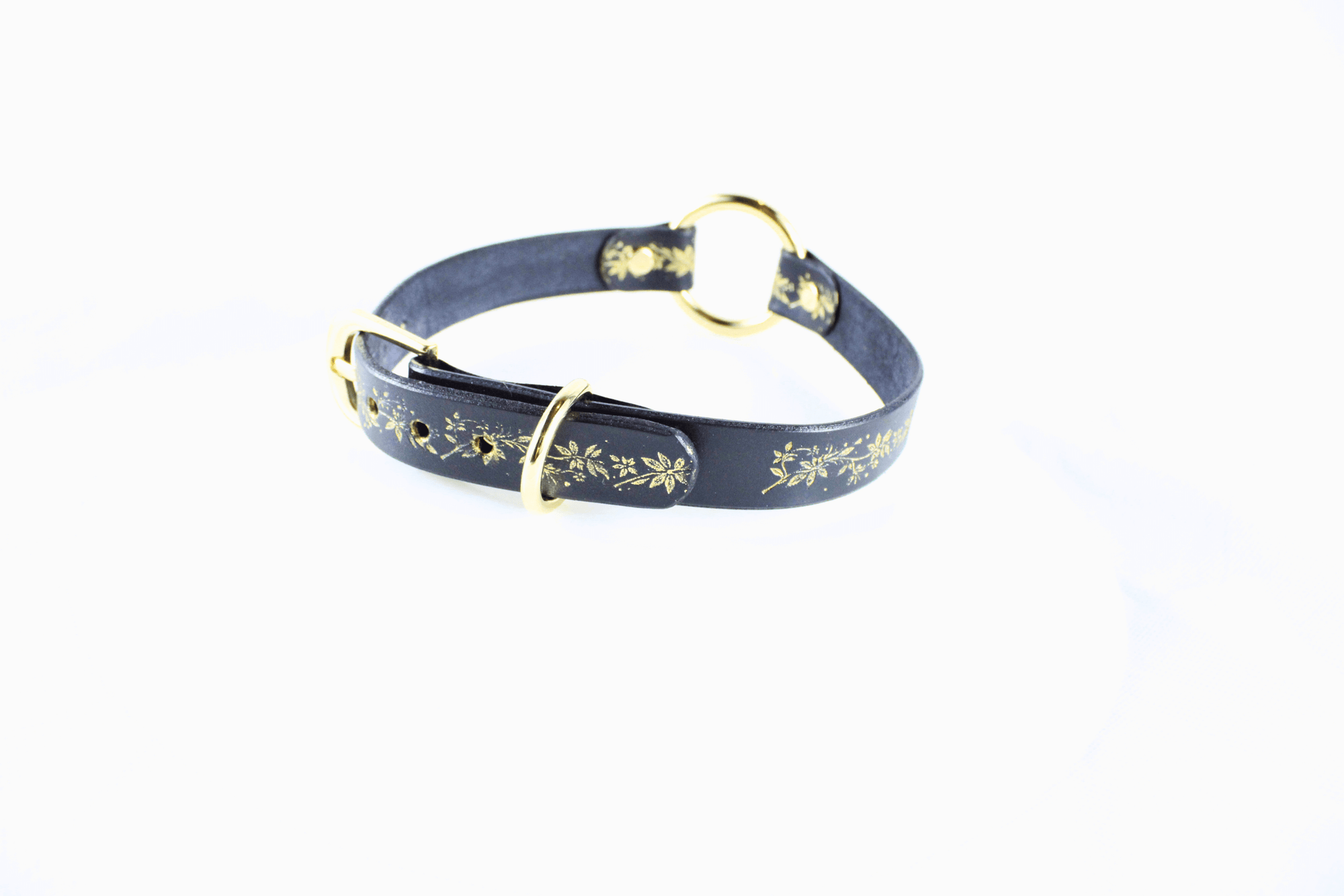 Black Leather Fetish Collar with a golden floral pattern, featuring a polished O-ring, perfect for bondage or stylish accessory.