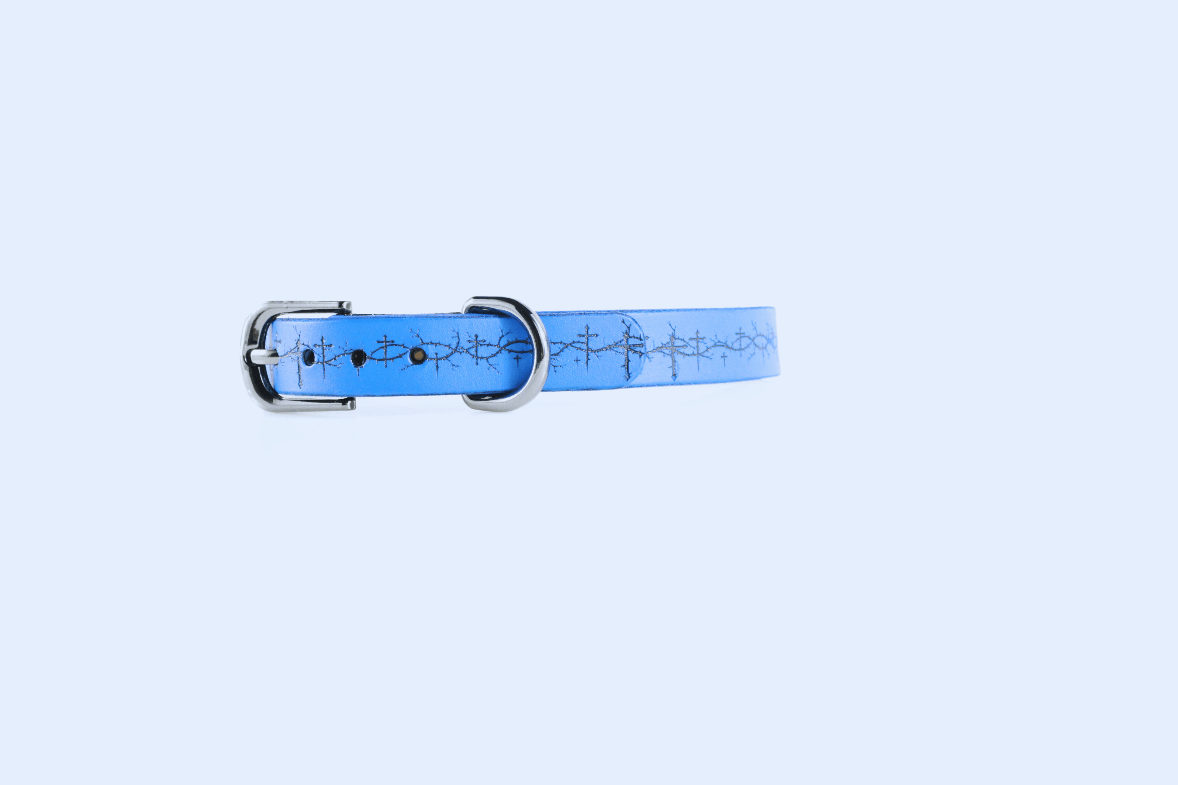 Barbed BDSM Collar – Blue Leather Choker with cross motif and gothic design.