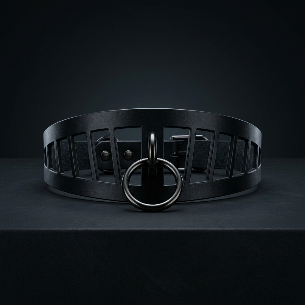 A black leather choker necklace with a metal ring and a circular cutout in the middle, displayed against a dark background.