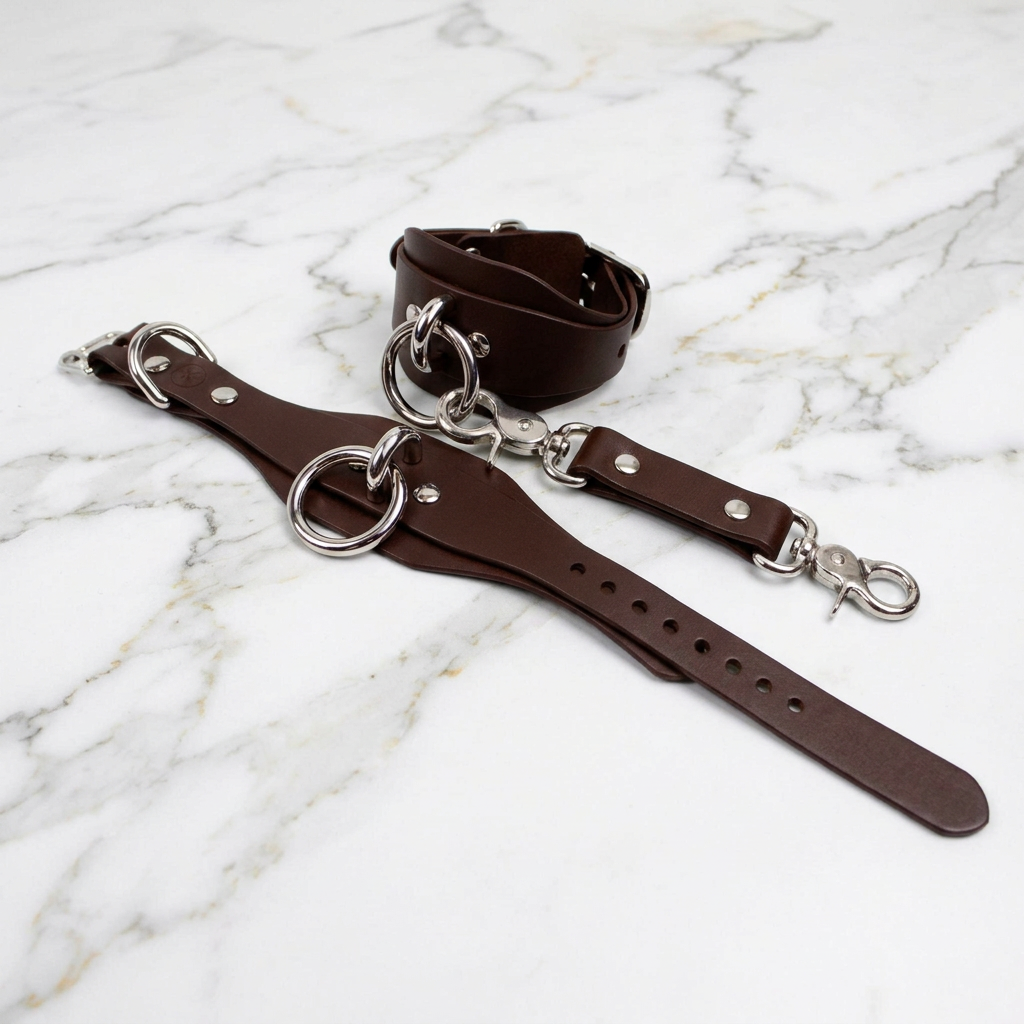 A pair of brown leather straps with metal rings and buckles, laid out on a marble surface.