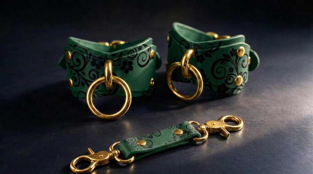 a pair of green leather straps with gold metal rings and a matching green leather strap with gold metal rings, all placed on a dark surface.