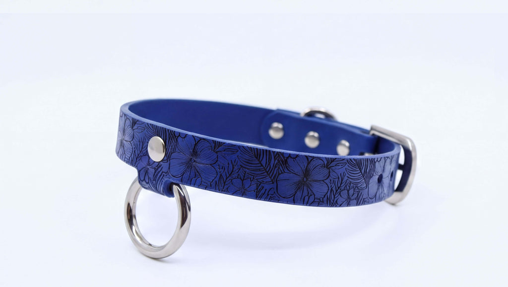 A blue dog collar with a floral pattern and metal rings.