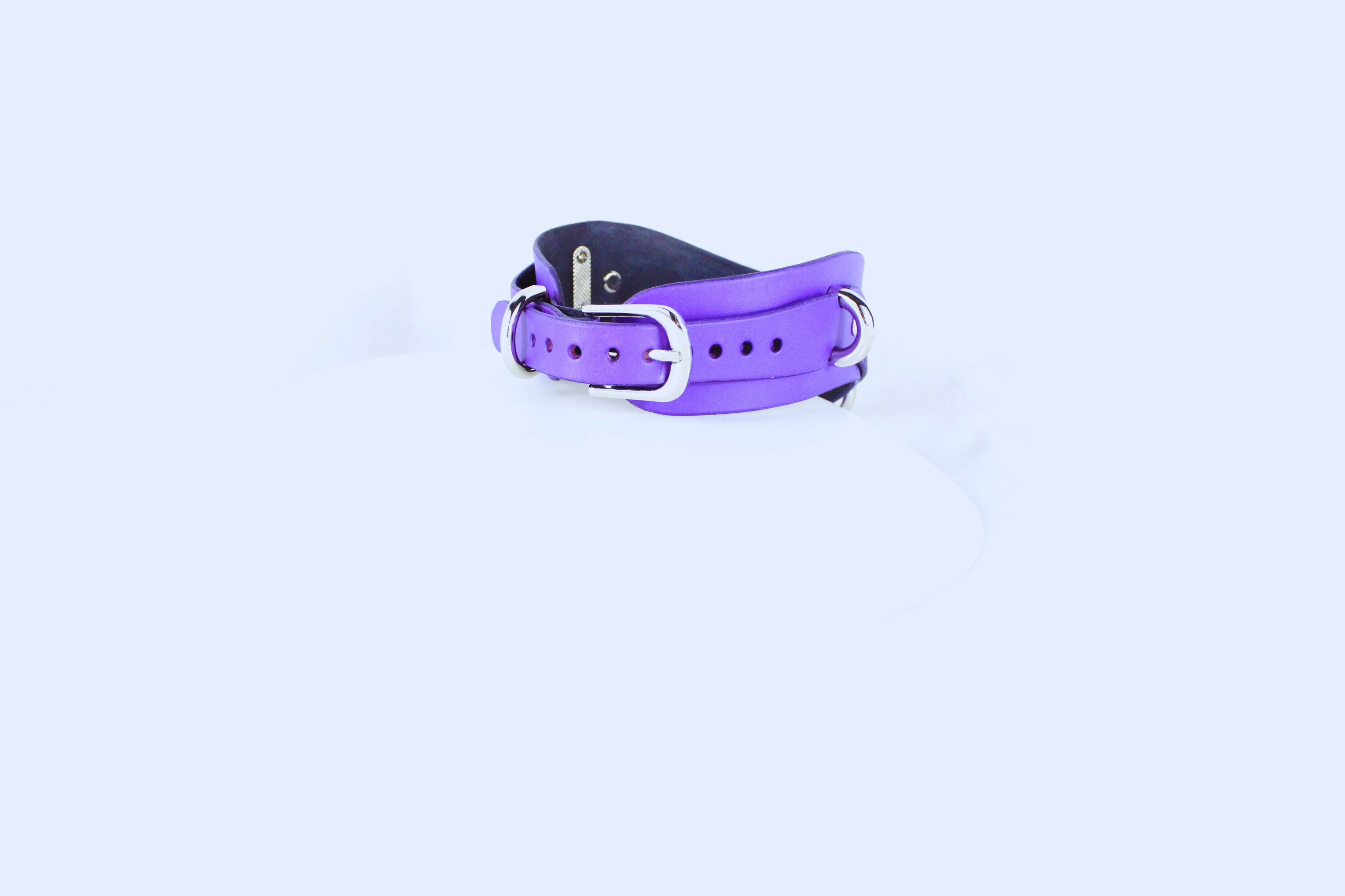 Gothic Skull BDSM Collar – purple leather choker with O-ring, showcasing intricate design and bold style.