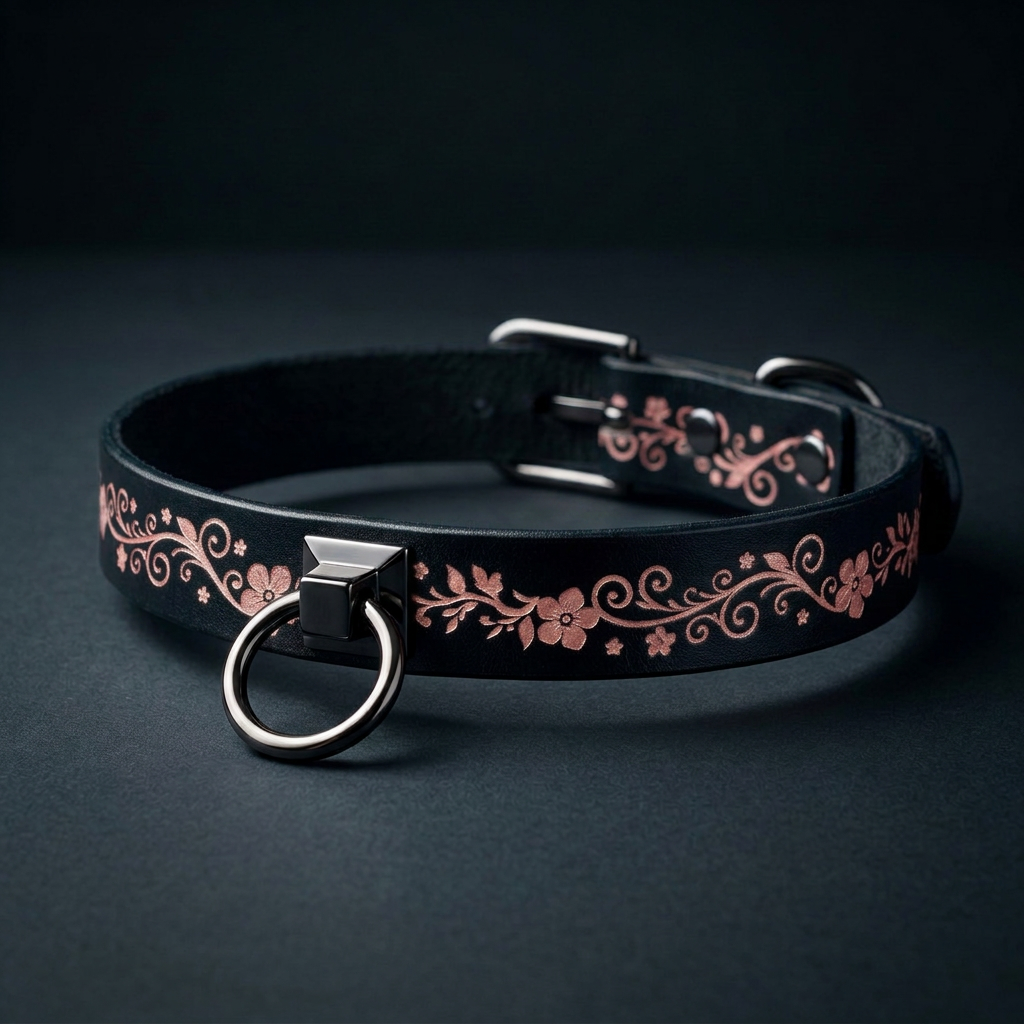 A black leather collar with a floral pattern and a metal ring on the front.