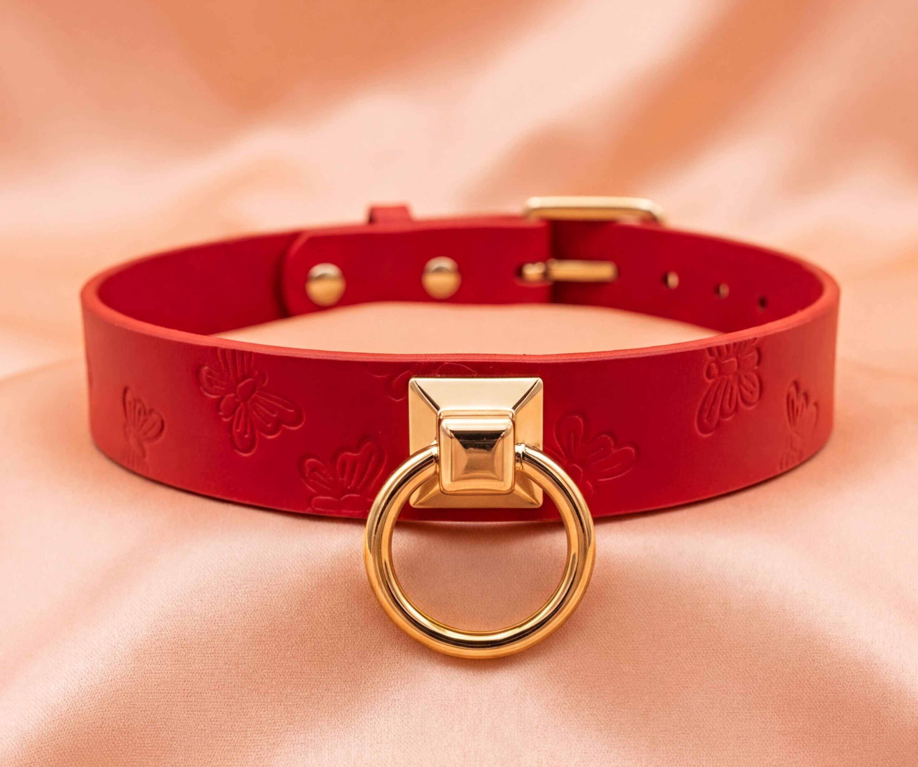 A red leather choker collar with a gold-colored metal ring and a small butterfly design on the front.
