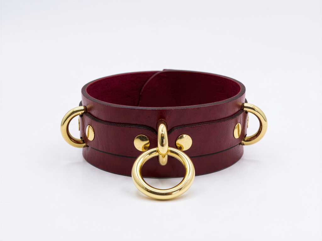 A burgundy leather choker necklace with gold-colored metal rings and buckles.
