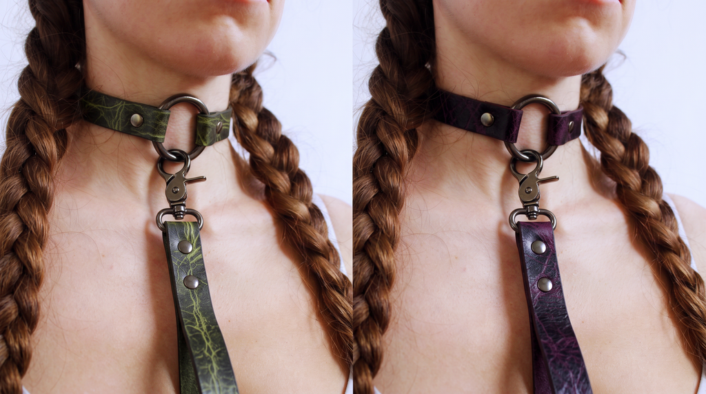 two close-up views of a person's neck and chest area, featuring a leather choker collar with metal rings and a leash attached.