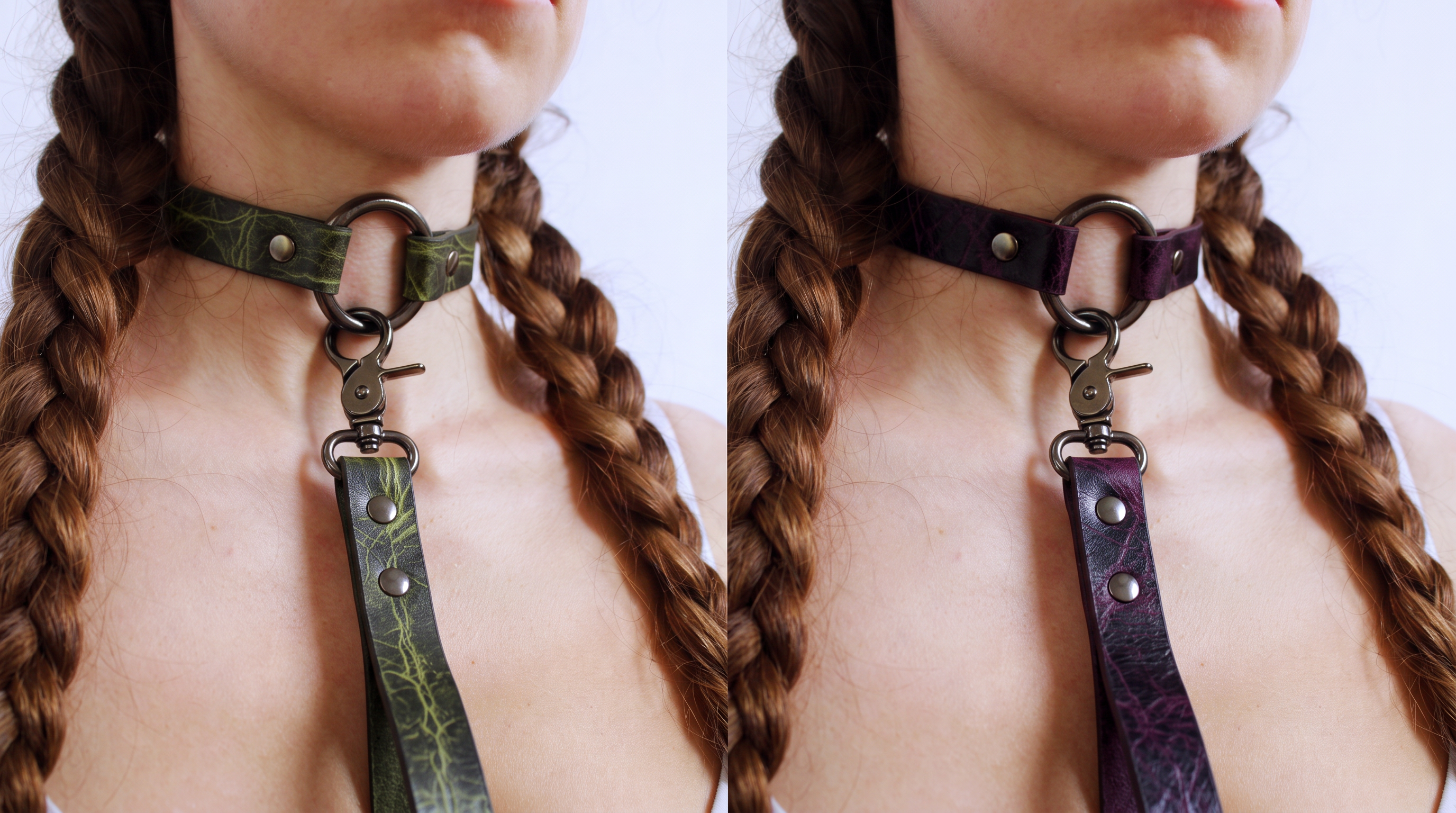 two close-up views of a person's neck and chest area, featuring a leather choker collar with metal rings and a leash attached.
