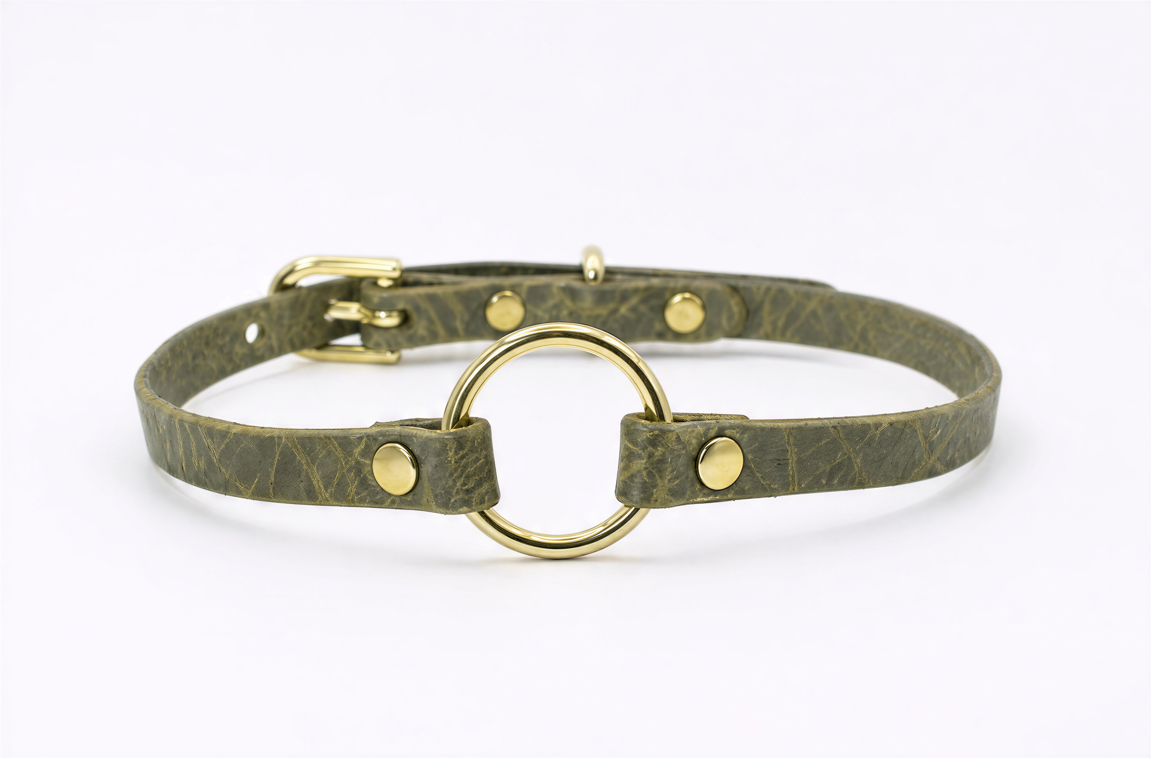 A green leather choker collar with a gold-colored metal ring and two gold-colored metal fasteners.