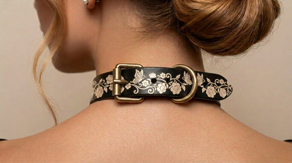 A close-up view of a woman's neck and shoulders, focusing on a decorative black leather choker necklace with a floral pattern and a gold-colored buckle.
