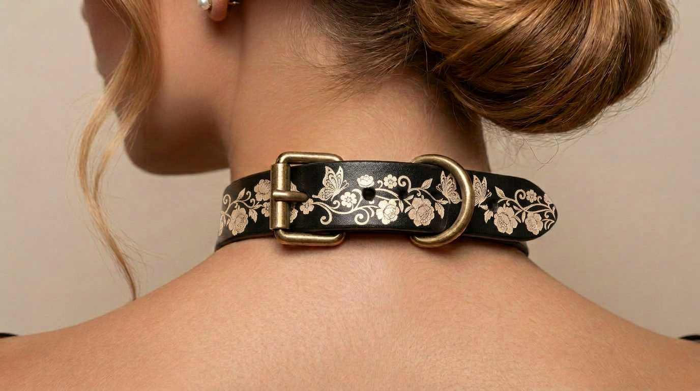 A close-up view of a woman's neck and shoulders, focusing on a decorative black leather choker necklace with a floral pattern and a gold-colored buckle.