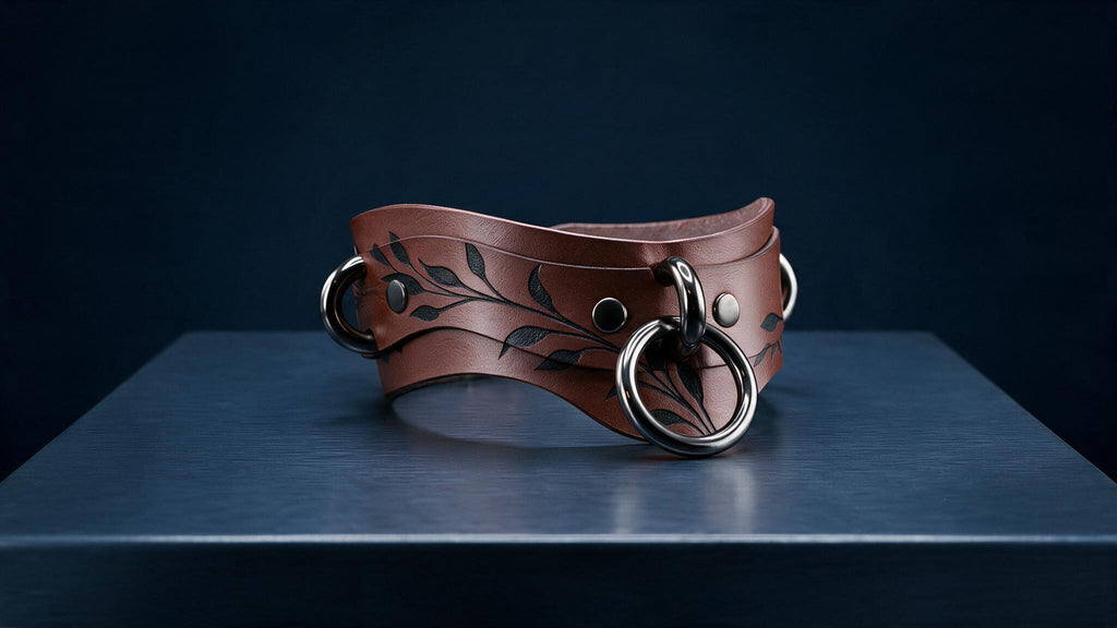 A brown leather choker necklace with a leaf design and metal rings is displayed on a dark surface.