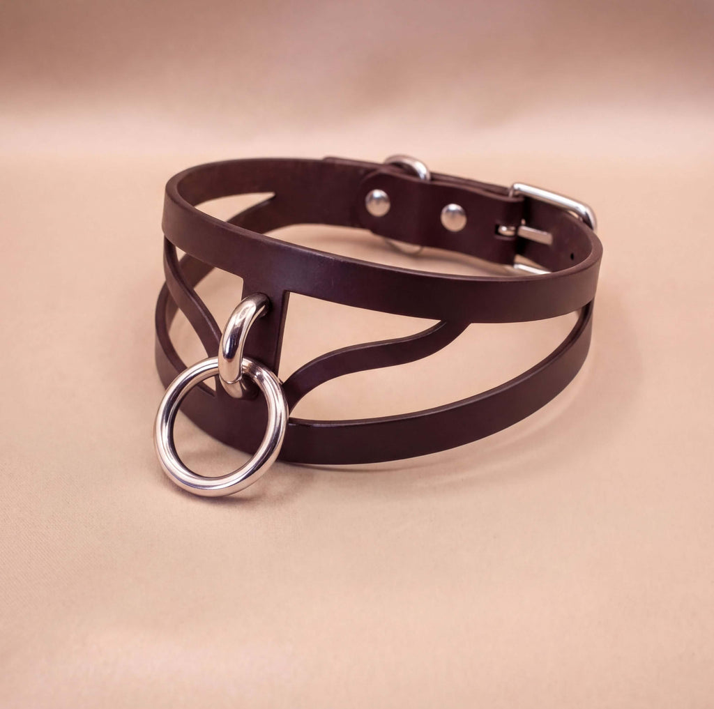 A brown leather choker necklace with a silver ring and buckle.