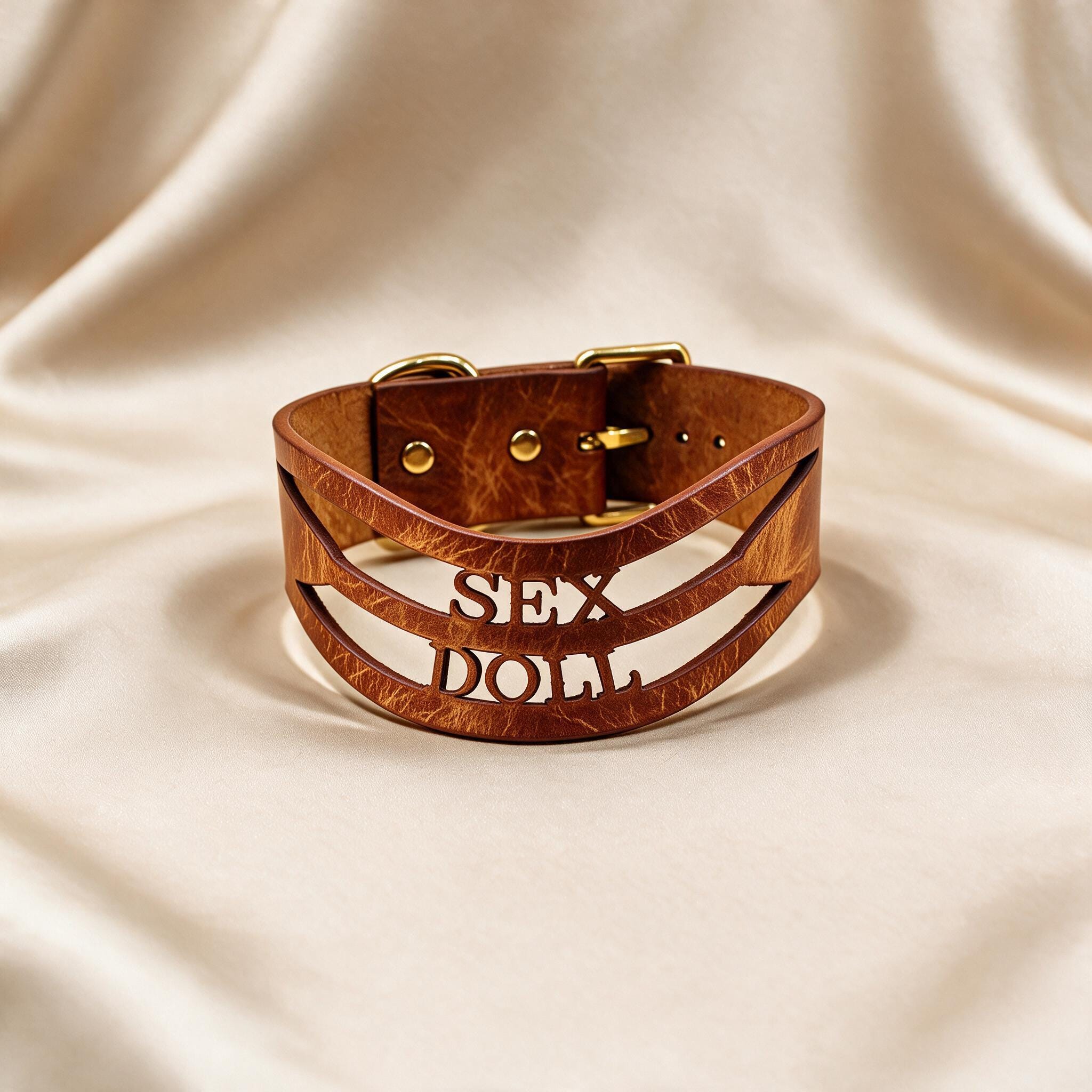 A brown leather choker necklace with the word "SEX" carved into it.