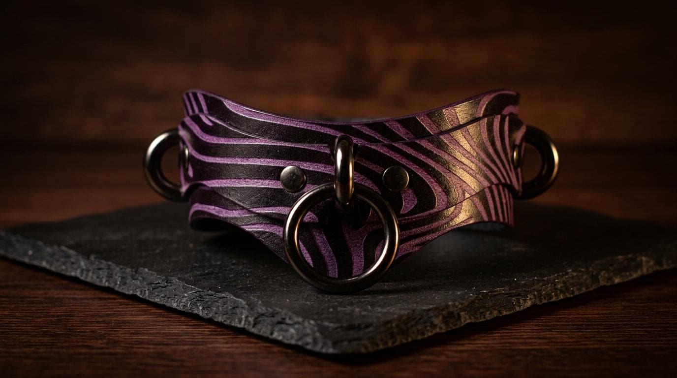 A purple and black zebra-striped leather collar with metal rings and a circular clasp is displayed on a dark surface.