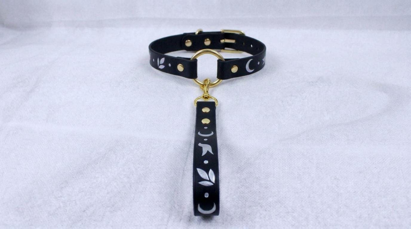 A black leather collar with a gold-colored metal buckle and a dangling black strap with white floral designs.