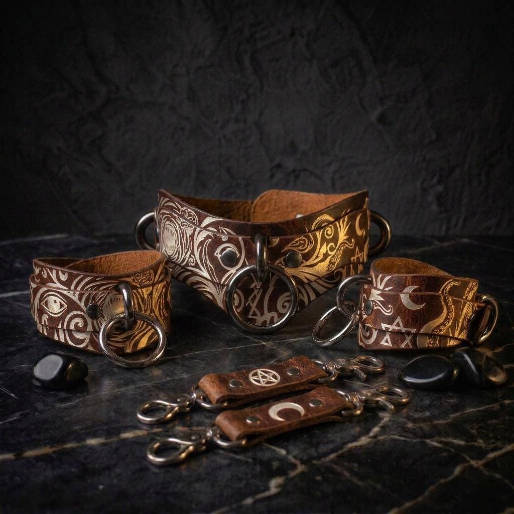 a collection of leather accessories, including a choker, bracelets, and a ring, arranged on a dark surface.