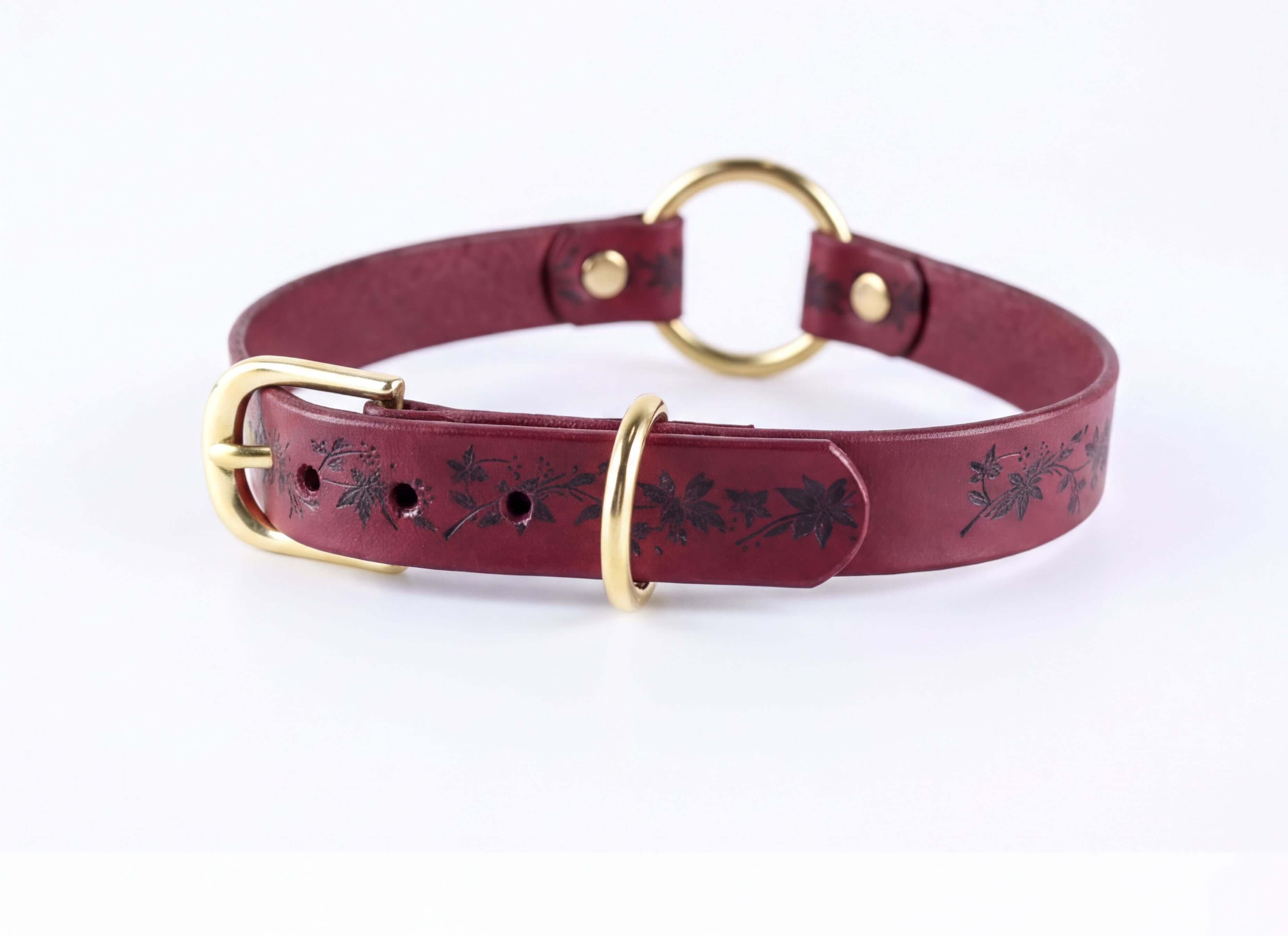 A burgundy leather choker collar with a gold-colored buckle and a circular ring on the top.