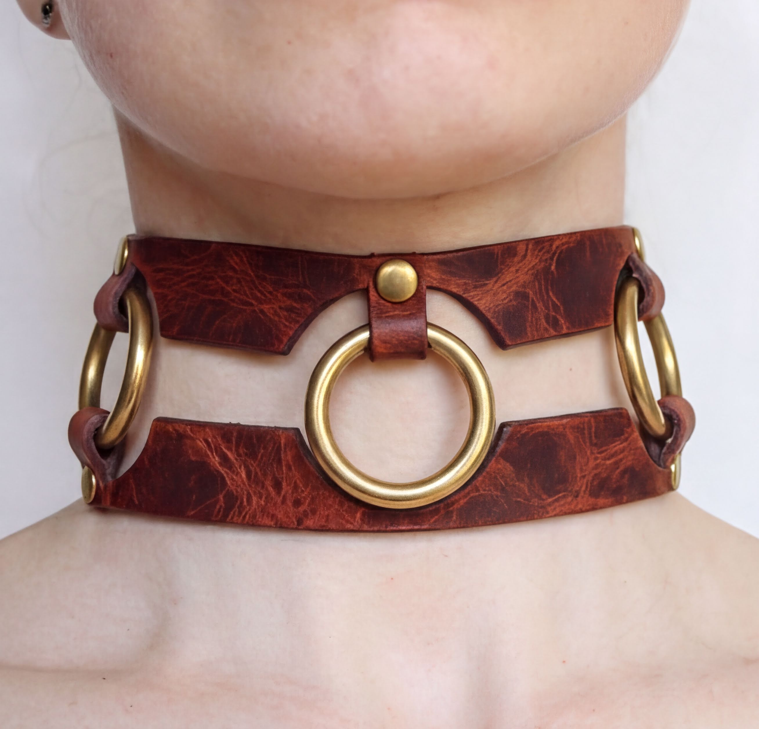 A close-up of a person's neck wearing a brown leather choker necklace with gold-colored rings.
