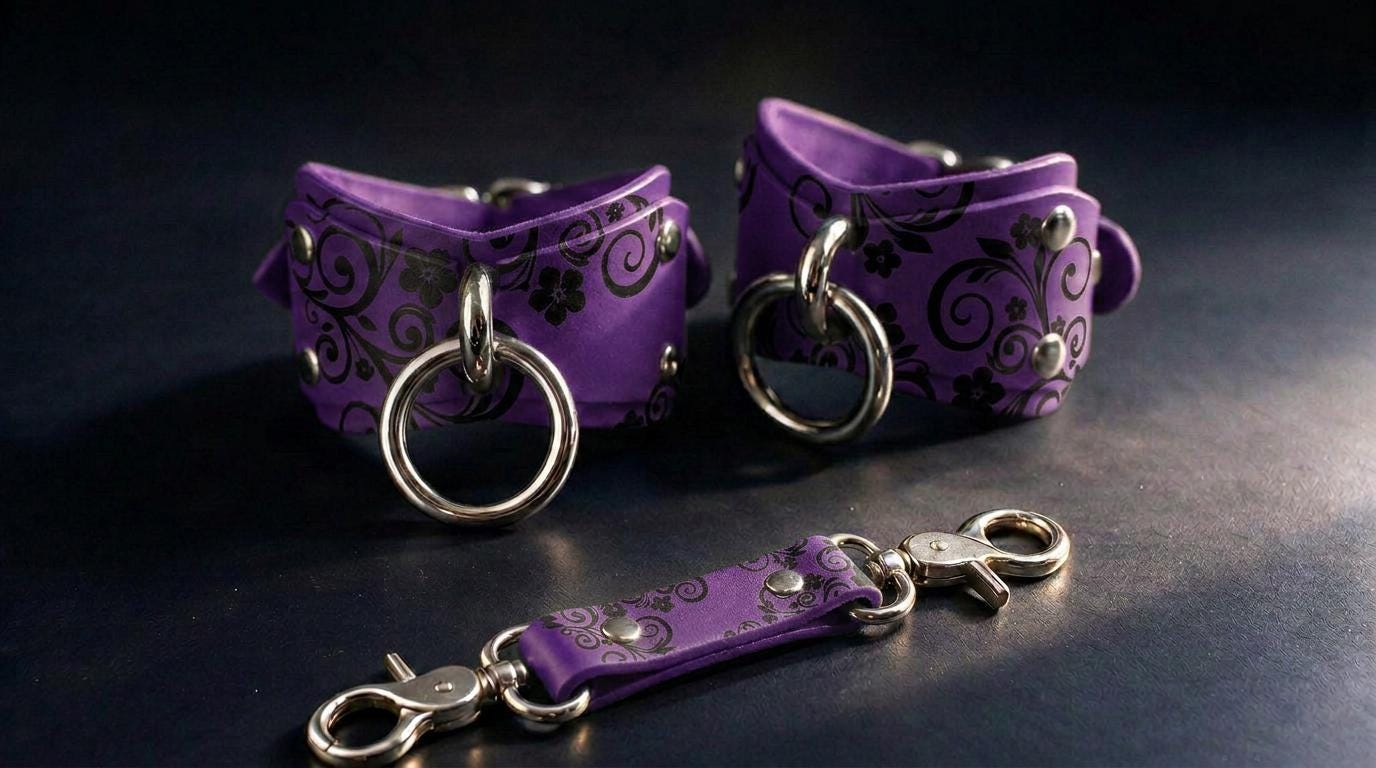a pair of purple leather straps with metal rings and buckles, as well as a purple leather strap with metal rings and buckles, all placed on a dark surface.