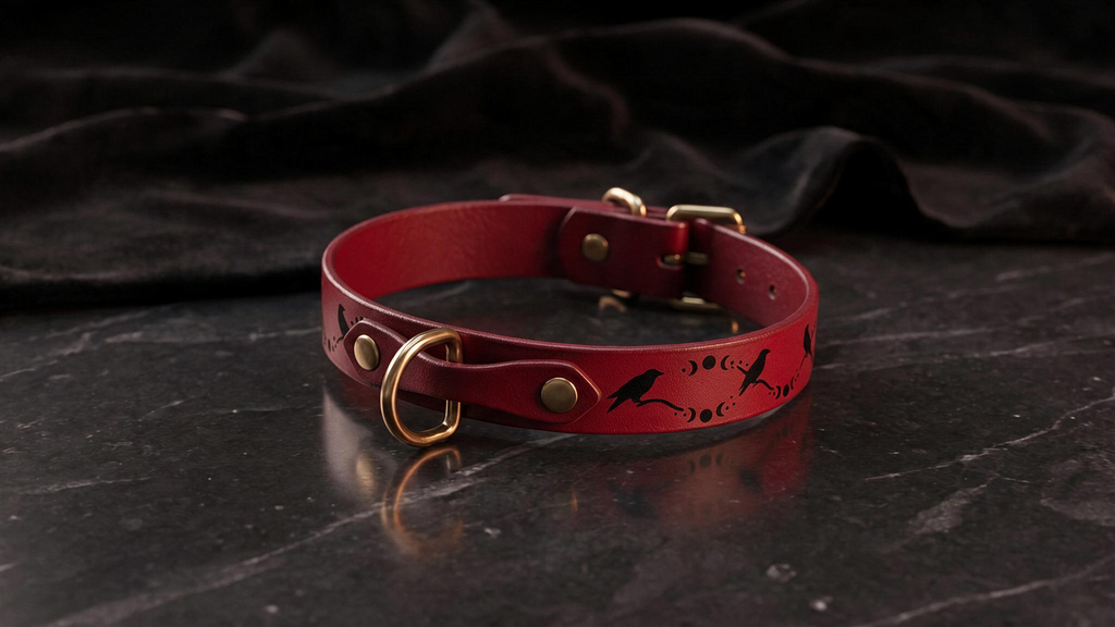 A red leather collar with a gold buckle and a black design featuring birds and moon phases is displayed on a dark surface.