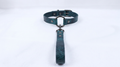 A dark green leather collar with a metal buckle and a handle attached to it.