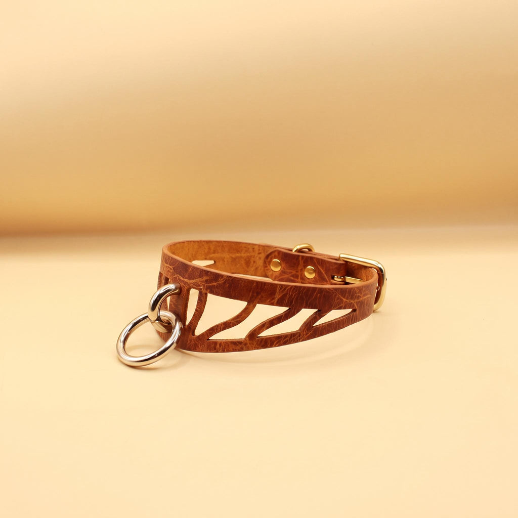 A brown leather choker necklace with a metal ring and buckle.
