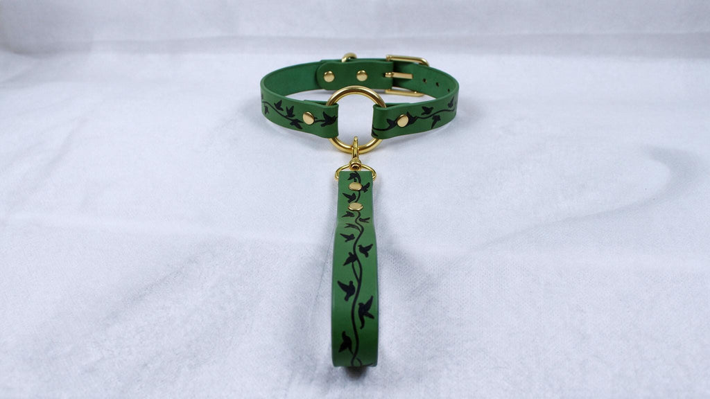 A green leather collar with a gold-colored buckle and a green leash attached to it, resting on a white surface.