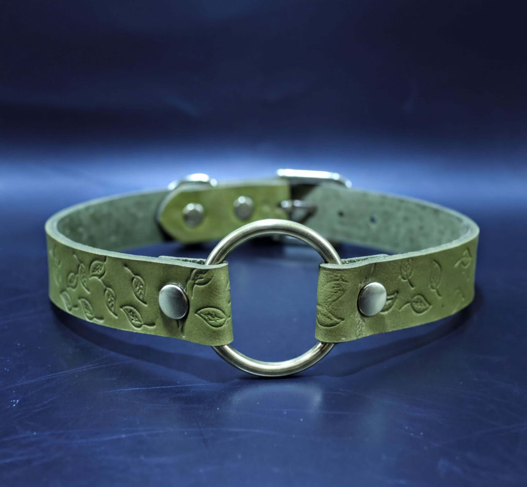 A green leather collar with a circular metal ring and two metal buttons.