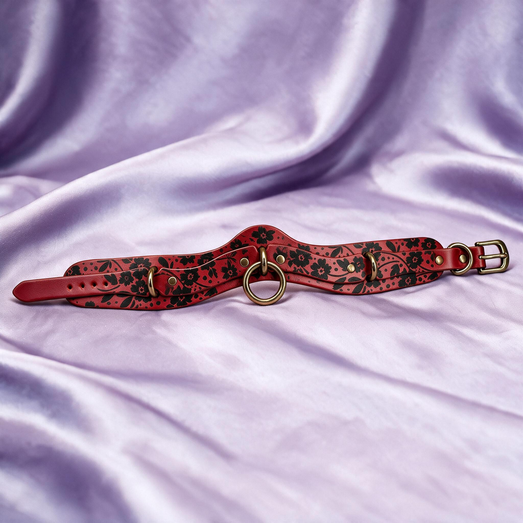 A red and black floral-patterned choker necklace with metal rings and a leather strap is displayed on a purple fabric background.