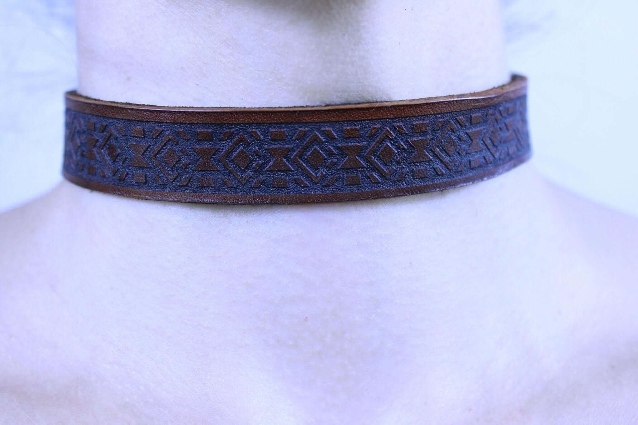 Geometric leather BDSM collar, perfect for discreet day wear or as a submissive accessory for bondage themes.